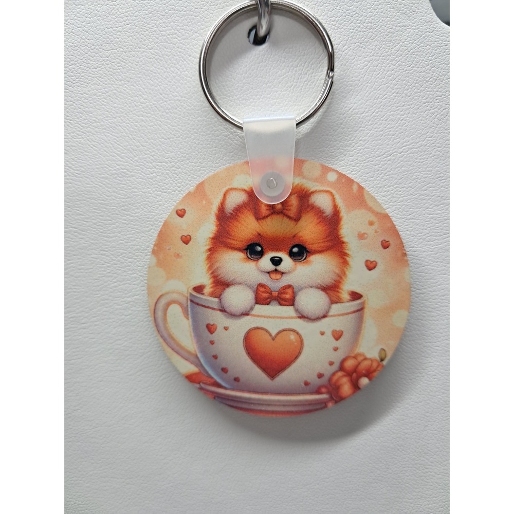 Pomeranian Puppy in Teacup Keychain Kawaii Dog Bag Charm Orange White Heart Cup